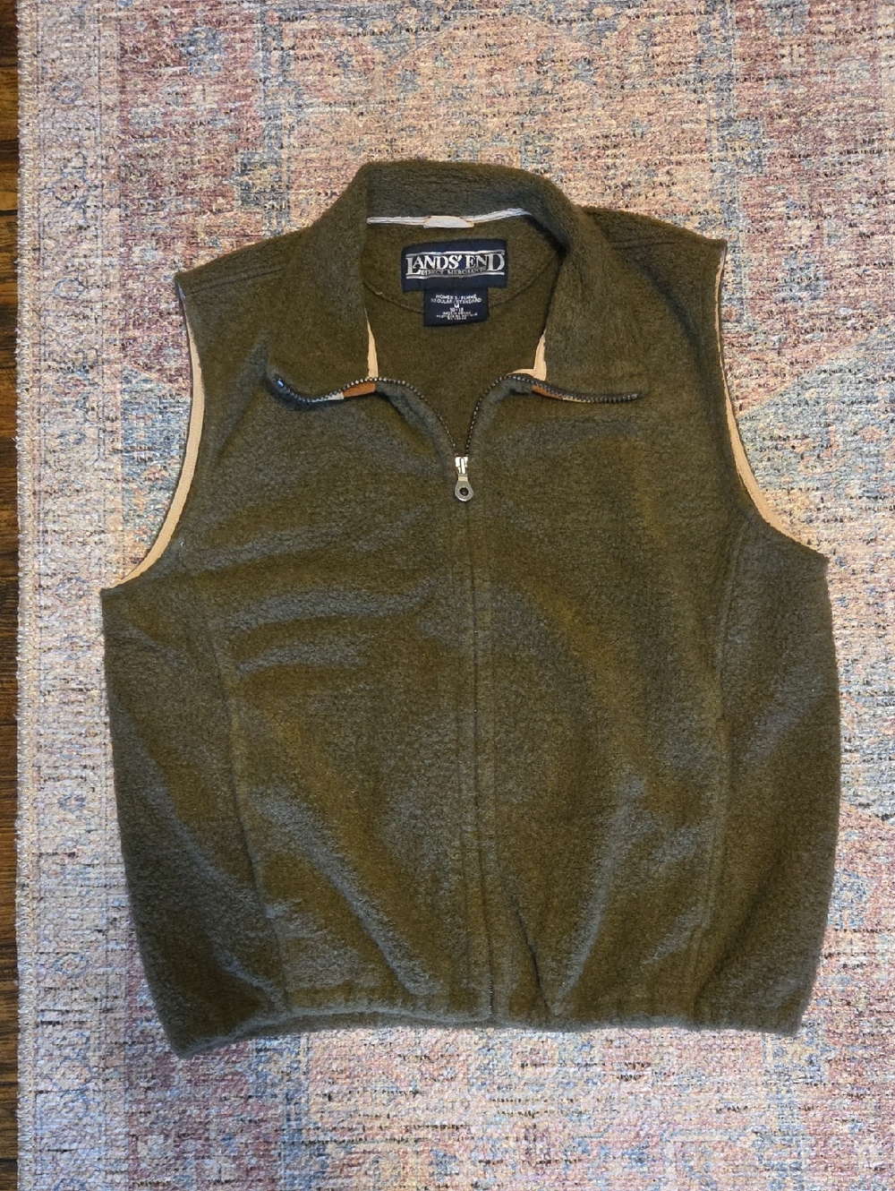 Lands' End Olive Green Fleece Zip Front Vest with Tan Trim